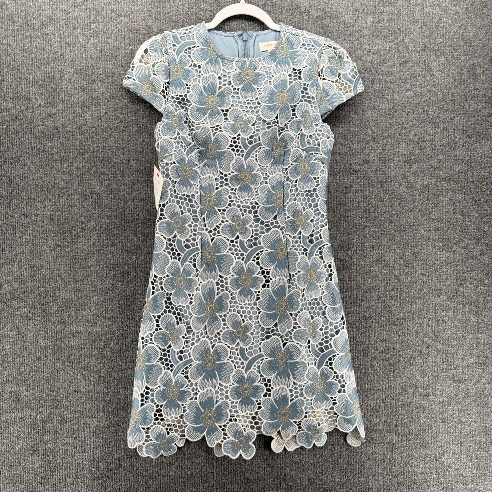 Just Me Dress Small Blue Lace Crew Neck Coquette Romantic Frilly Periwinkle Boho